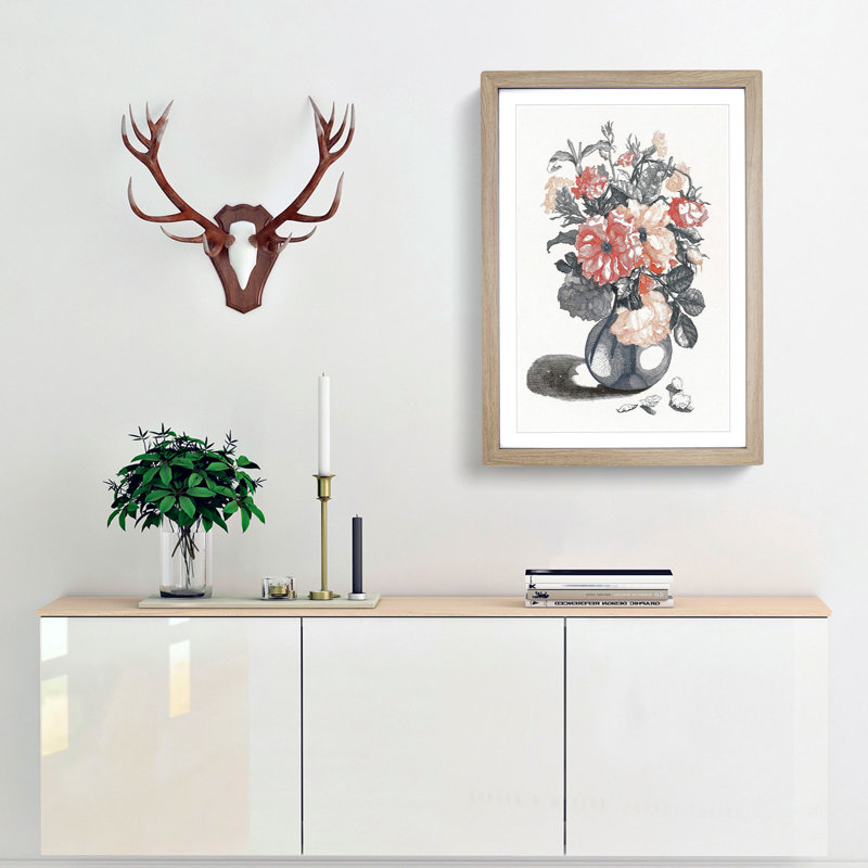 Mixed Flowers in a Glass Vase by Johan Teyler - Picture Frame Art Print, 65cm H x 48cm W x 2cm D, Oak Framed