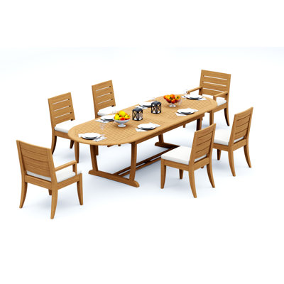 13 Pcs Grade-A Teak Wood Dining Set: 118" Double Extension Mas Oval Trestle Leg Table  Atnas  Chairs (2 Arm & 10 Armless Chairs) #11AT2702