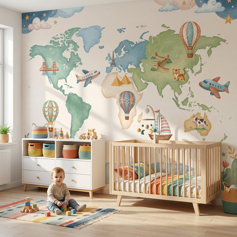 Papier peint carte du monde ballon avion, Non tissé non collé, 120" x 96"