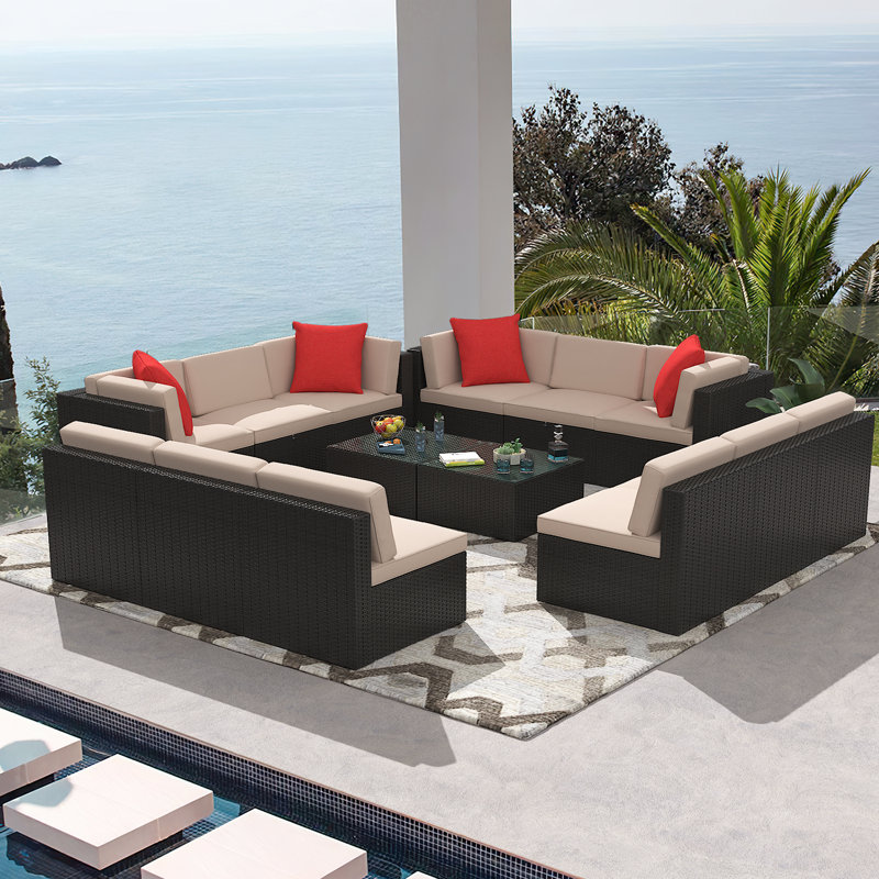 Canapé modulaire d'extérieur 14 pièces pour conversation en rotin 14 pièces, Beige