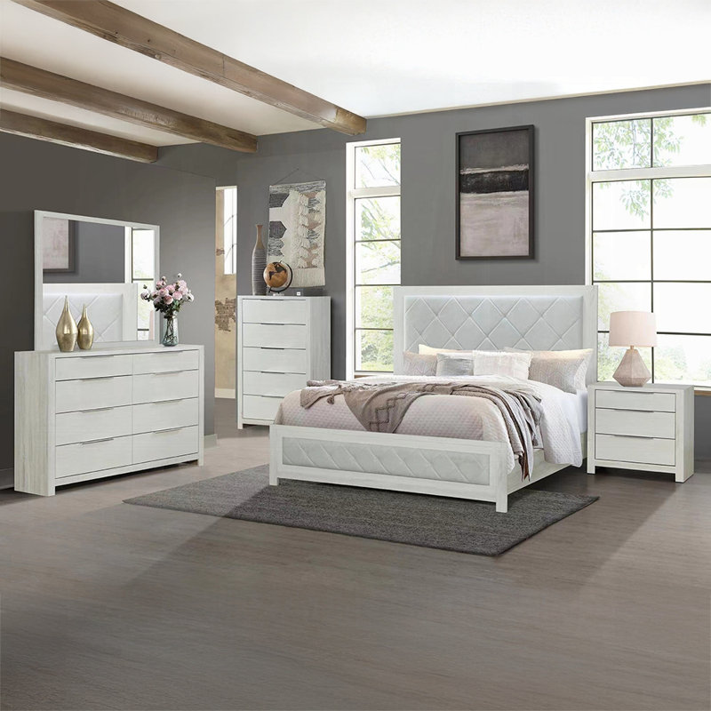 Table de chevet moderne de style transitionnel beige avec 3 tiroirs et table de chevet en bois