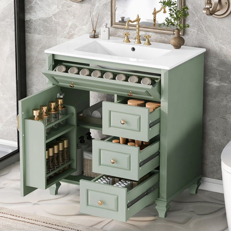 Meuble-lavabo de 30 pouces avec lavabo, meuble-lavabo autoportant vert avec tiroir rabattable, 3 tiroirs et armoire de rangement, bois massif et panneau de fibres à densité moyenne, plateau de lavabo en céramique