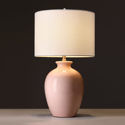 24.5In 3-Way Pink Ceramic Table Lamp With Drum Shade