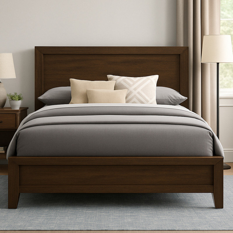 Clean-Line Panel Bed in Warm Oak Finish – No Box Spring Required, King