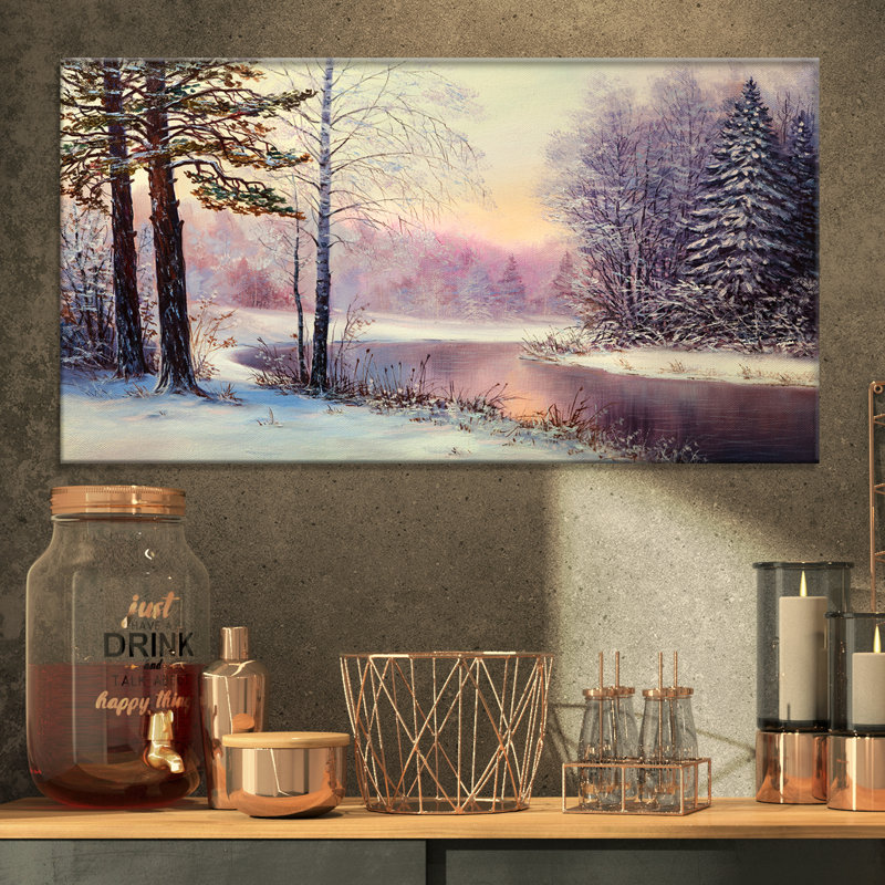 «River in Winter Landscape», peinture, H 32 po x l 16 po x P 1 po, Toile tendue
