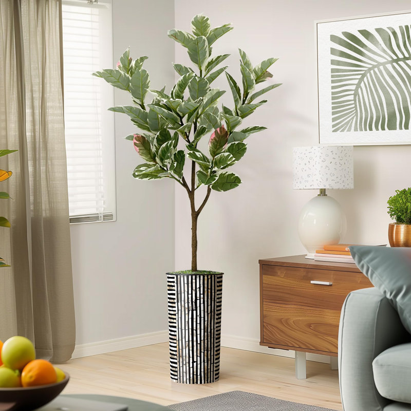 Artificial Tree Striped Planter Fake Rubber Silk Tree (Plant Pot Plus Tree), Rectangle Brown