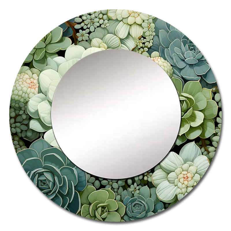 Green Succulents Flowers Serene Succulents IV - Succulent Decorative Mirror, Traditional Wall Mirror, Printed Metal Art