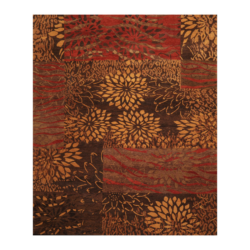Tapis décoratif noué à la main en laine brun à motif floral byonce