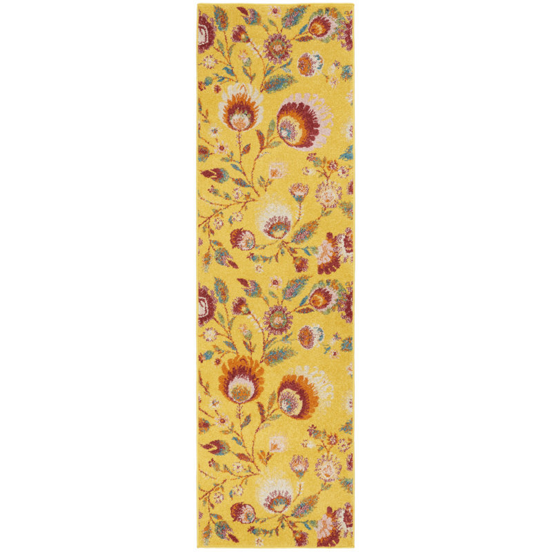 Tapis jaune à motif floral Lakenya, Tapis de couloir 2 pi 3 po x 7 pi 6 po