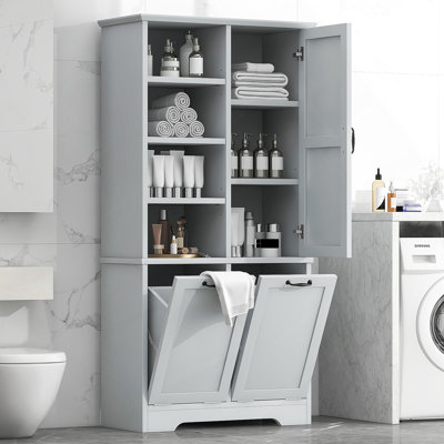 Bathroom Storage Cabinet With Doors And Drawers, Tilt-Out Laundry Hamper, Multiple Storage Space, Freestanding Style, Open Shelve, Adjustable Shelf,