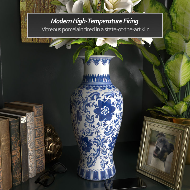 24" Blue And White Floral Porcelain Fishtail Vase, Blue, 18" H x 8.25" W x 8.25" D