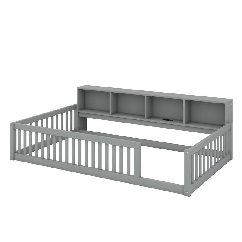 Base de lit au sol avec armoires de rangement intégrées et ports USB, Grey