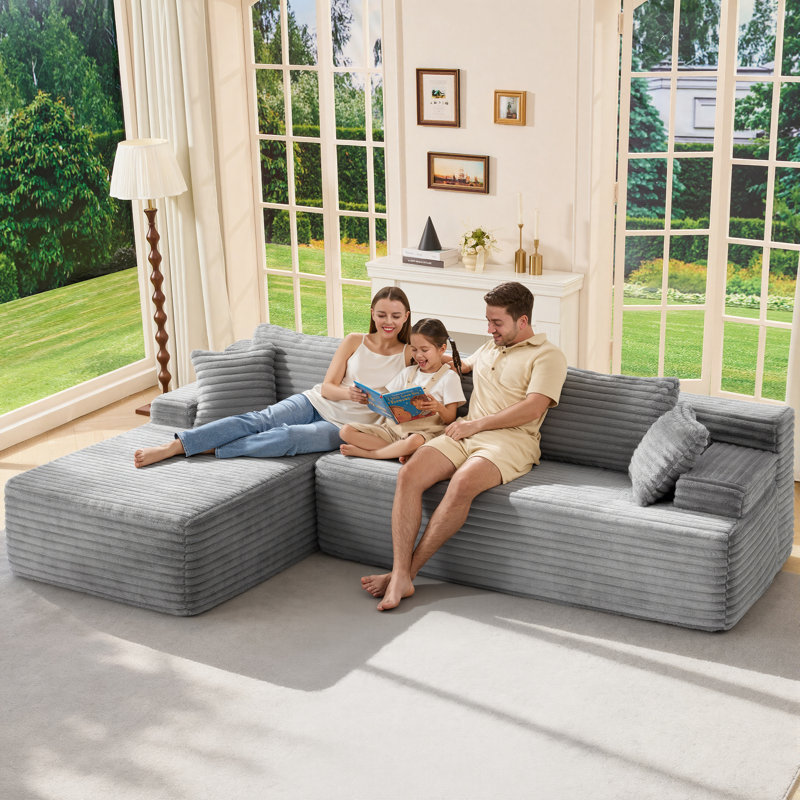 Canapé modulaire en forme de L de 108 po sans dossier, en mousse à mémoire de forme avec méridienne surdimensionnée pour le salon, gris, faisant face à la gauche