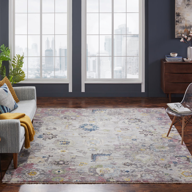 Tapis noué à la main à motif de mosaïque de fleurs Jean, Rectangle 4pi x 6 pi