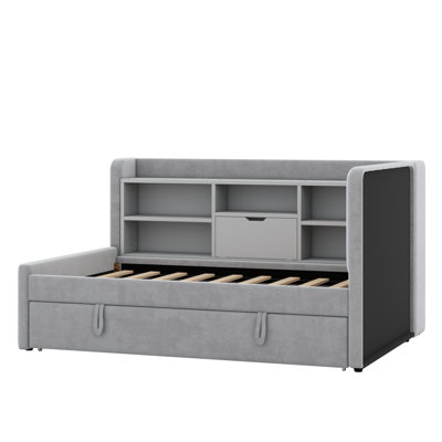 Upholstered Daybed With Trundle, Storage Shelves, USB & Outlet