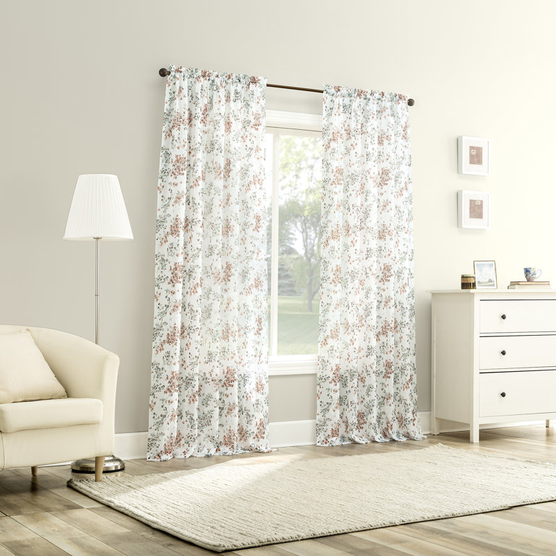 Alethea Floral Print Crushed Voile Sheer Rod Pocket Curtain Panel, 51" W x 84" L, White