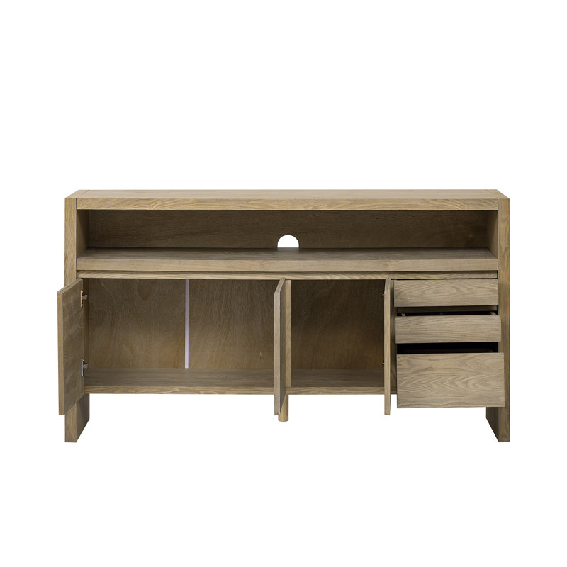 Buffet 60 po 3 portes moderne avec 3 tiroirs, panneau de fibres à densité moyenne plaqué frêne, tablette semi-ouverte et grande armoire de rangement pour le salon, le couloir ou la salle à manger