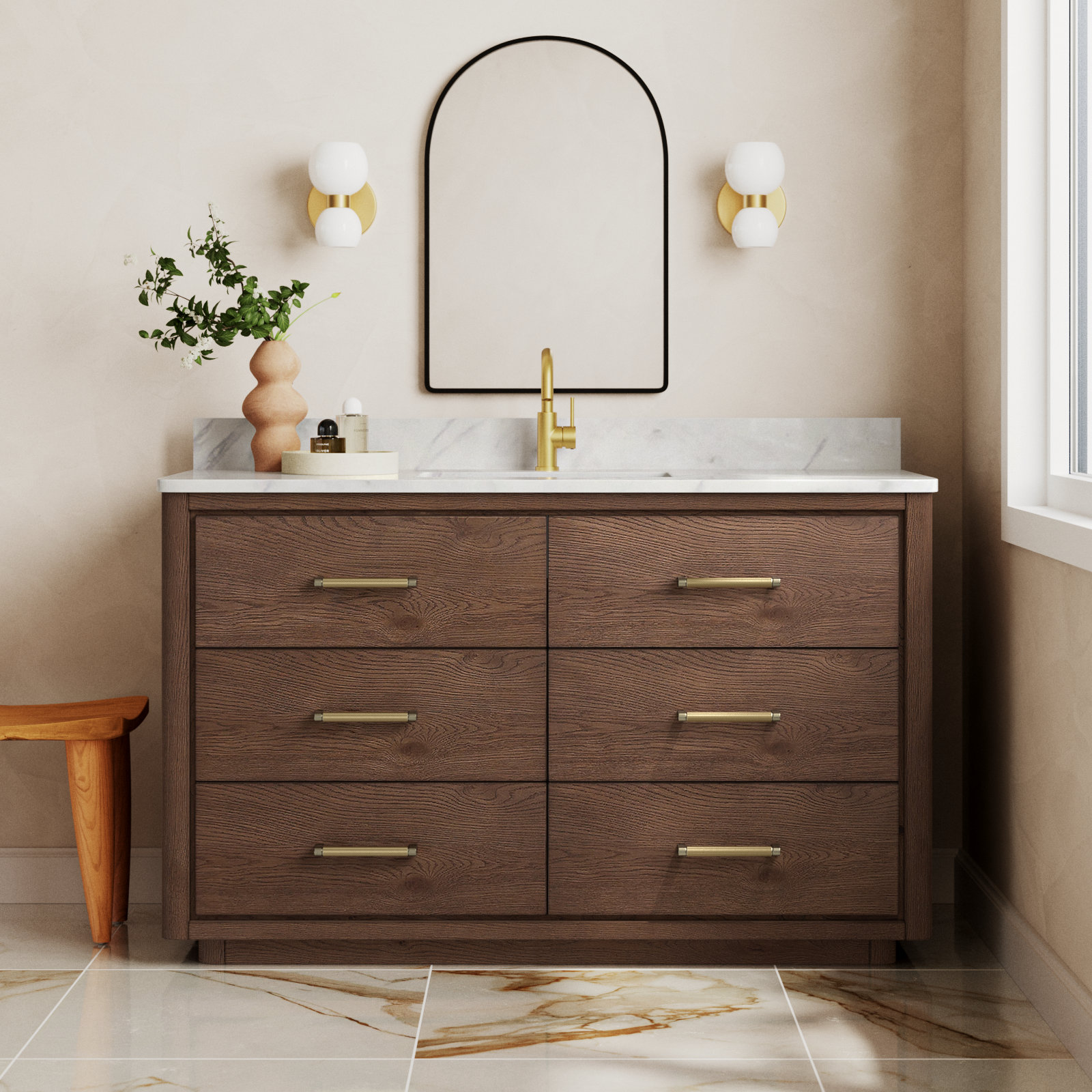 Porto 55'' Single Bathroom Vanity, Dark Brown Oak, Gold