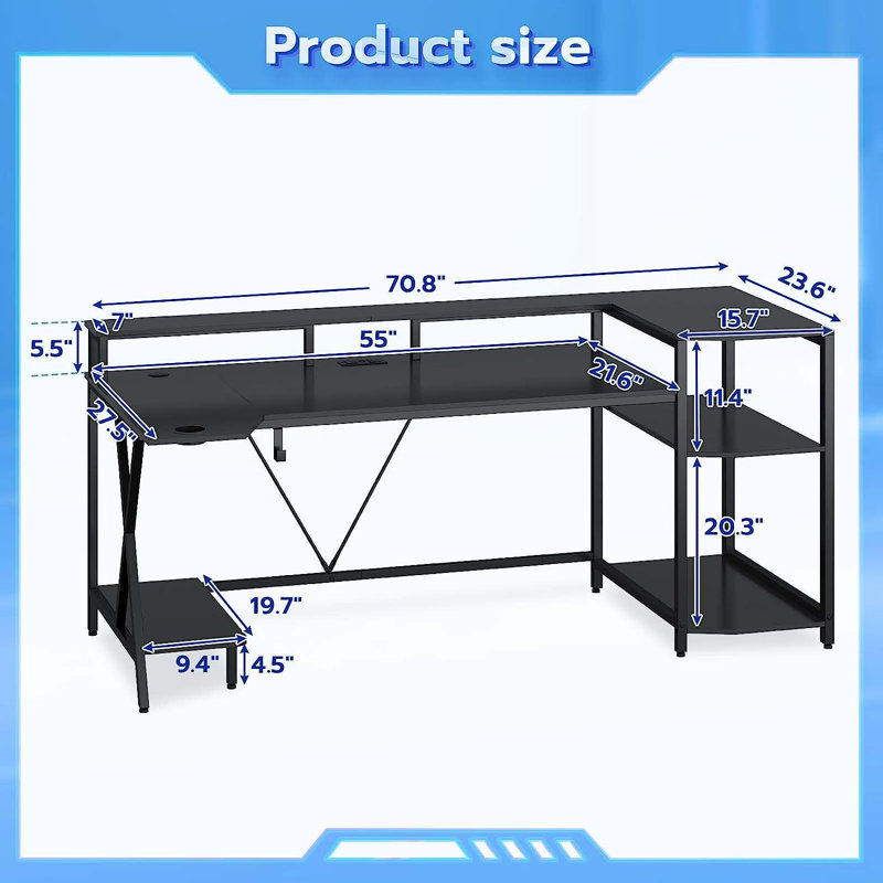 Cavit L-Shaped Metal Base Computer Desk with Power Outlet, Black