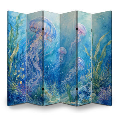 Cloison pliante 6 panneaux à motif de toile d'aquarelle de style médaillon Royal