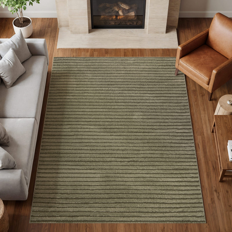Tapis d'intérieur à rayures horizontales vert sauge, tissé à la machine, doux et moelleux, à hauteur variable., Vert