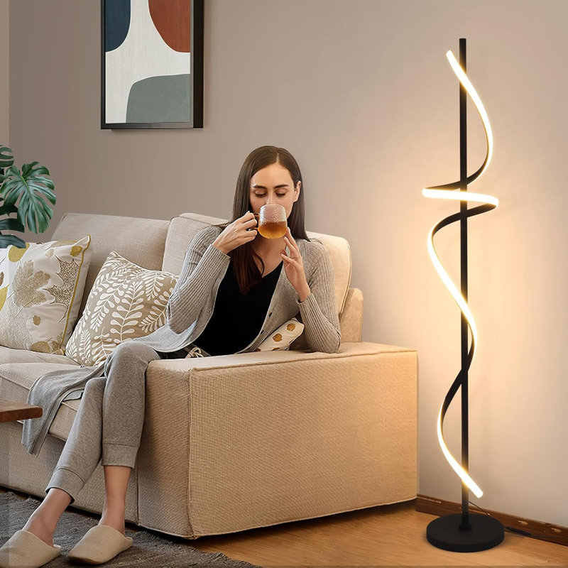 Lampe sur pied moderne en spirale à DEL avec télécommande, lampe sur pied à intensité variable de 48 W pour le salon et la chambre à coucher, éclairage à 360 °, hauteur réglable, lampe haute écoénergétique