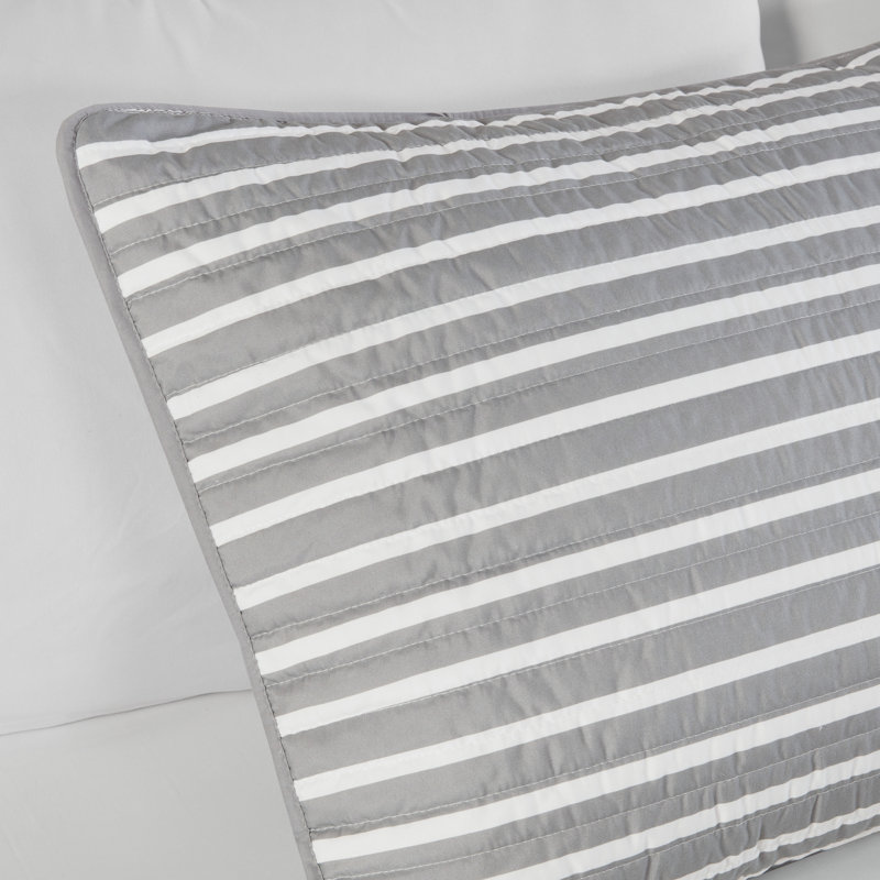 Gray and Blue Striped Reversible Microfiber Quilt Set