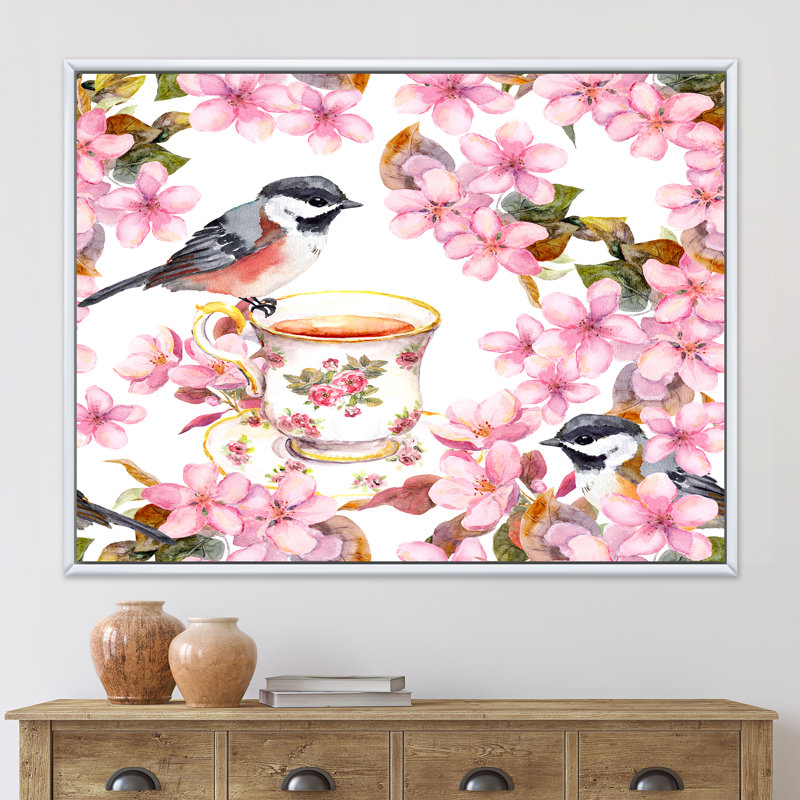 Tasse à thé oiseaux et fleurs - Peinture sur toile, H 12 po x l 20 po x p 1 po, Cadre blanc