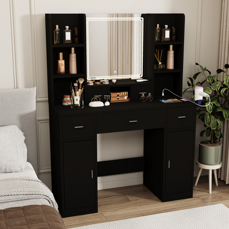 Coiffeuse noire avec 5 tiroirs et tablettes pour une conception élégante, Noir