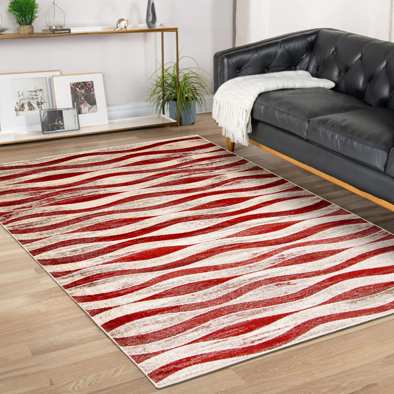 Tapis ivoire / rouge à motif abstrait Juriaan, Rectangle 6 pi 7 po x 9 pi 6 po
