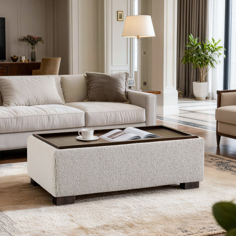 112cm Wide Rectangle Solid Colour Standard Ottoman with Storage, Beige