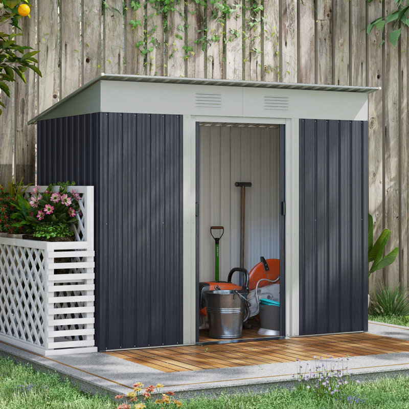 Metal Lean To Garden Shed, Outdoor Storage Shed, Garden Tool House With Double Sliding Doors, 2 Air Vents For Backyard, Patio
