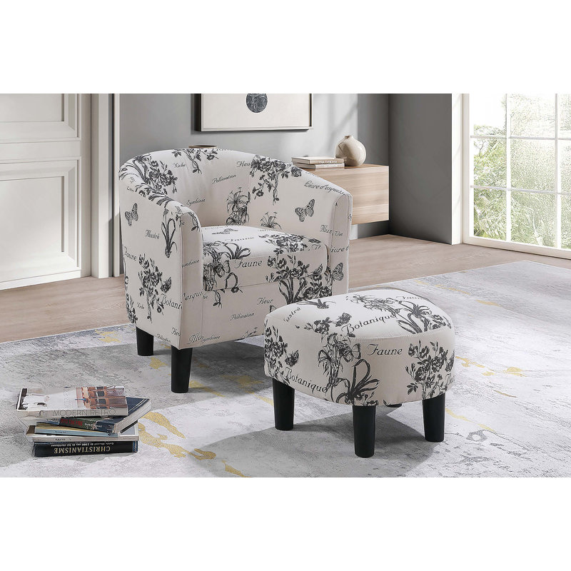 Chaise d'appoint d'inspiration rétro avec repose-pieds avec imprimé botanique et motif profilé douillet., Blanc