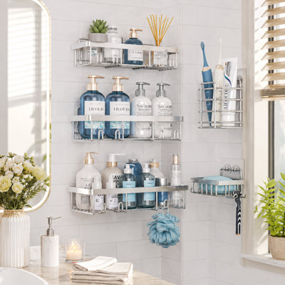 Panier de rangement auto-adhésif argenté en acier inoxydable, sans perçage, fixé au mur, antirouille, grande capacité, idéal pour ranger des articles de toilette dans la salle de douche.