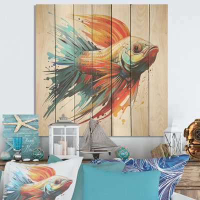 Red Art Deco Fish Realm - Animals On Wood Print