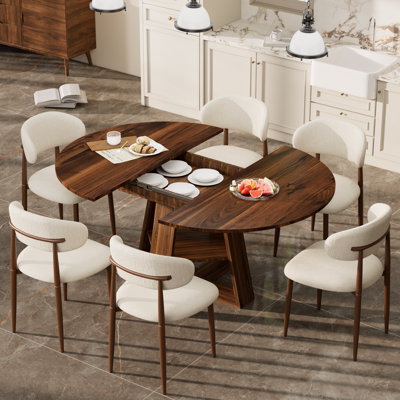 Ensemble de salle à manger en bois Mid-Century moderne pour 4-6, table de cuisine extensible et chaise rembourrée en lin pour la salle à manger