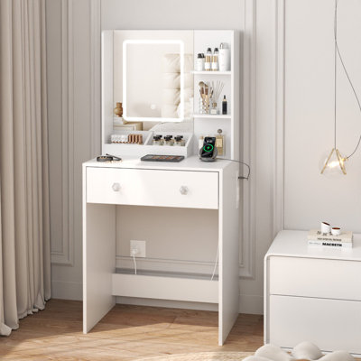 Petit meuble-lavabo moderne de 24 po pour chambre à coucher, coiffeuse avec miroir DEL, prise de courant, 2 tiroirs et 3 tablettes de rangement pour filles