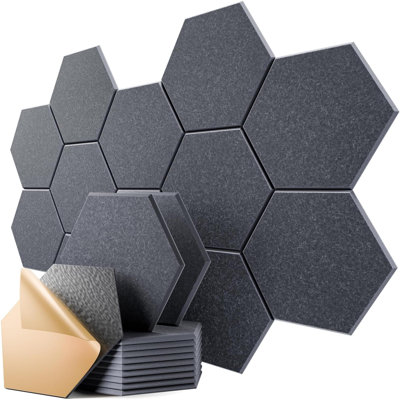 Paquet de 12 panneaux muraux acoustiques hexagonaux, absorbant le son, 30,5 x 25,5 x 1 cm. Panneaux décoratifs insonorisés et tableau d'affichage pour la décoration murale, alternative au tableau d'affichage traditionnel et au tableau en liège pour chambre, bureau, studio.