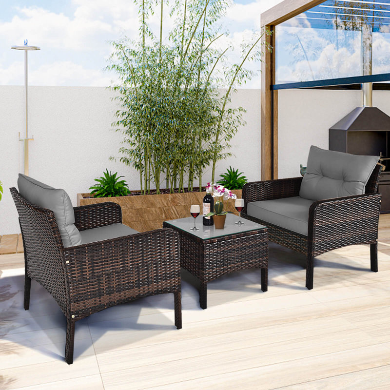 3 PCS Patio PE Wicker Furniture Set with Cushions and Tempered Glass Coffee Table Gray, Gray