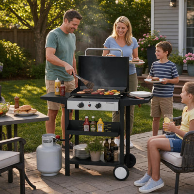 2-Burner Propane Gas Grill 17 in. with All-In-One Rolling Cart,  Outdoor Flat Top Griddle with Wheels, Black