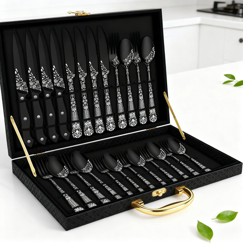 Ensemble de couverts 24 pièces en acier inoxydable pour 4 avec couteaux à steak, ensemble de couverts poli miroir avec motif floral au laser dans une boîte cadeau de qualité supérieure, collection Silverware allant au lave-vaisselle