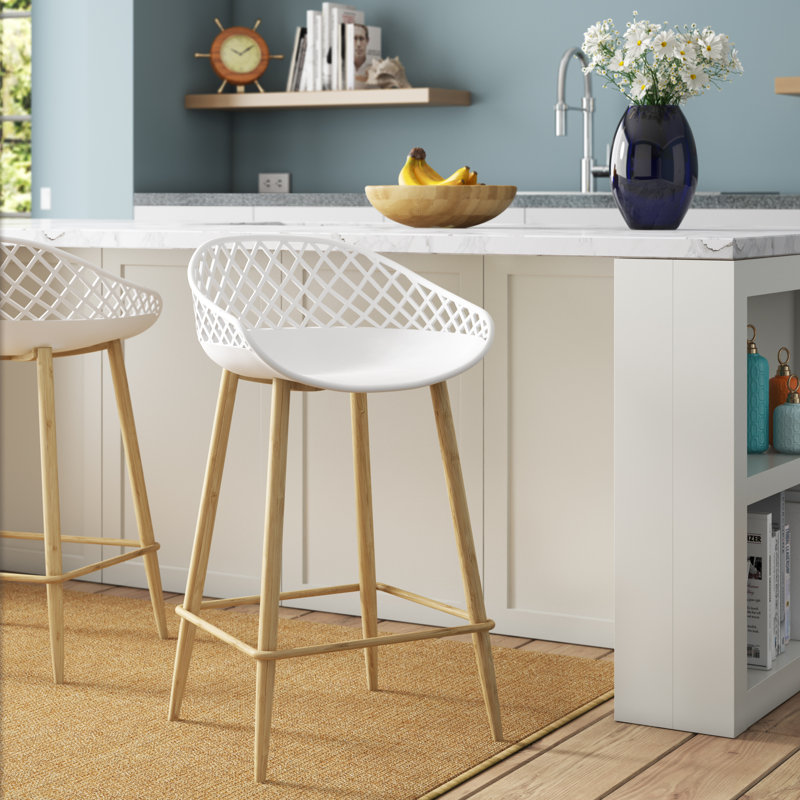 Caraballo Crippen 26" Counter Stool with Low Ergonomic Back for Indoor or Outdoor with Metal Legs and Footrest, White/Natural