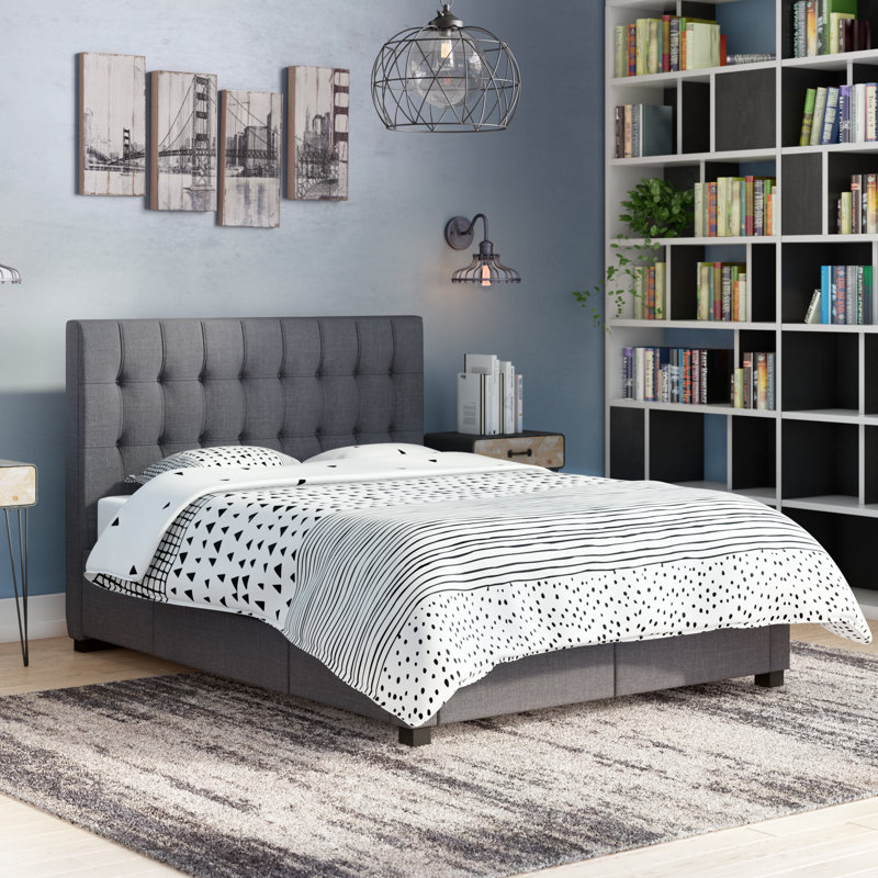 Lit plateforme avec rangement en lin à boutons profonds, contemporain, gris, double, Double, Gris anthracite