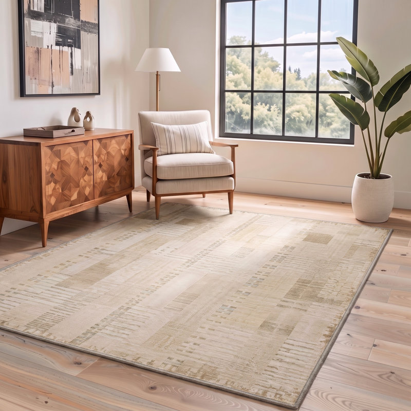 Tapis lavable antidérapant à motif abstrait moderne beige / ivoire, Rectangle 6 pi x 9 pi