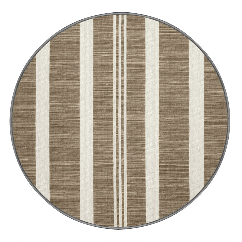 Machine Washable Horizontal Stripes Gray Area Rug, Round 8'
