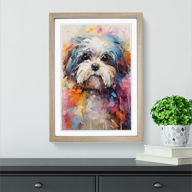 Shih Tzu Impressionism - Single Picture Frame Print on Wood, Oak Framed, 34cm H x 25cm W