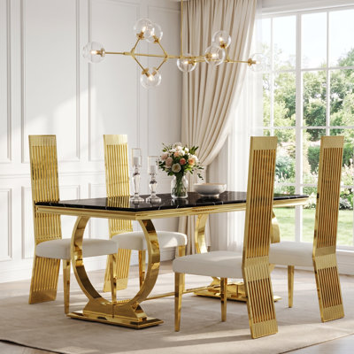 Ensemble de salle à manger noir et or 70 po noir et or avec 6 chaises hautes blanches bouclées