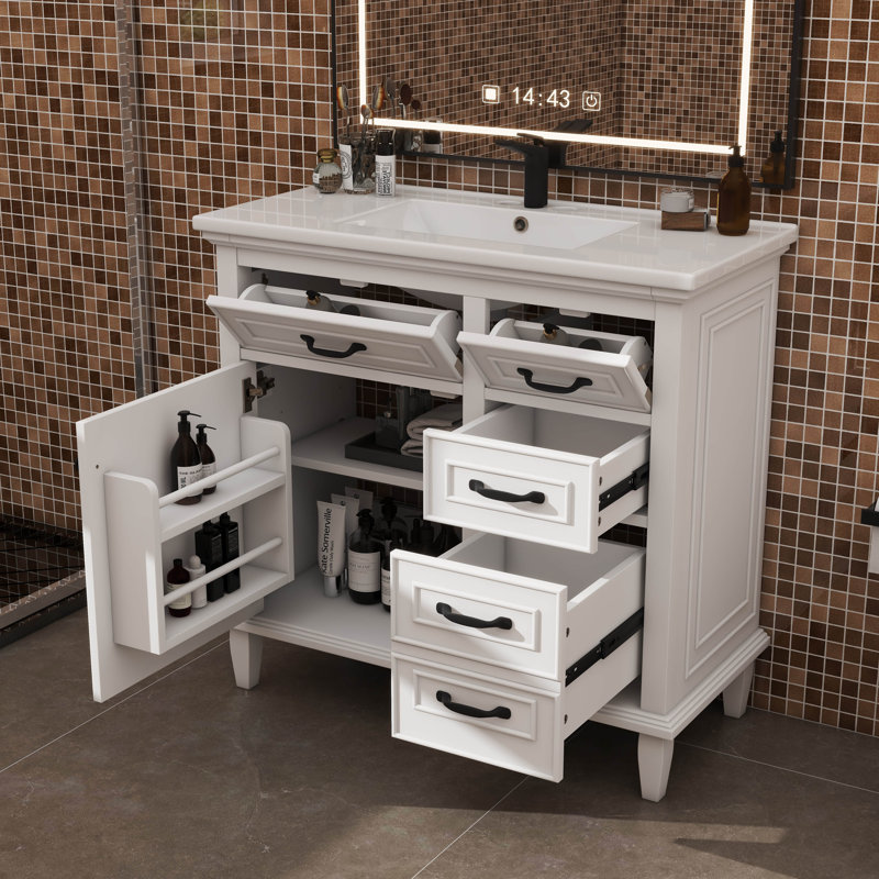 Meuble-lavabo de 36 po avec lavabo simple, armoire incluse, 2 tiroirs rabattables, 2 tiroirs standard et tablette interne réglable
