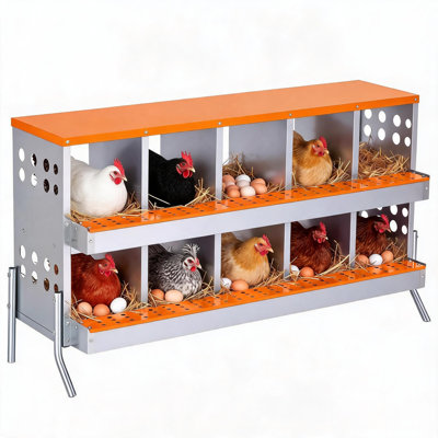 Boîte de nidification pour poulets en acier galvanisé avec support, collection d'œufs à couvercle à charnières, plateau de séparation amovible, boîtes en métal antirouille, compartiments orange-10, 54,7 po x 17 po x 24,4 po