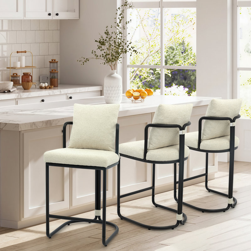 Tabouret de comptoir en chenille 26 po avec dossier et structure en métal, chaises de bar rembourrées modernes pour îlot de cuisine